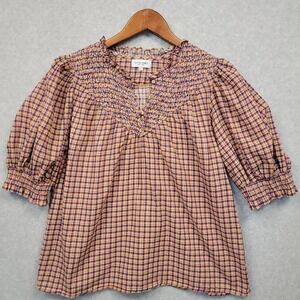 Olivia James The Label Women Large Plaid Smocked Puff Sleeve Blouse Top Cotton